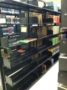 Empty shelves in bound journal stacks